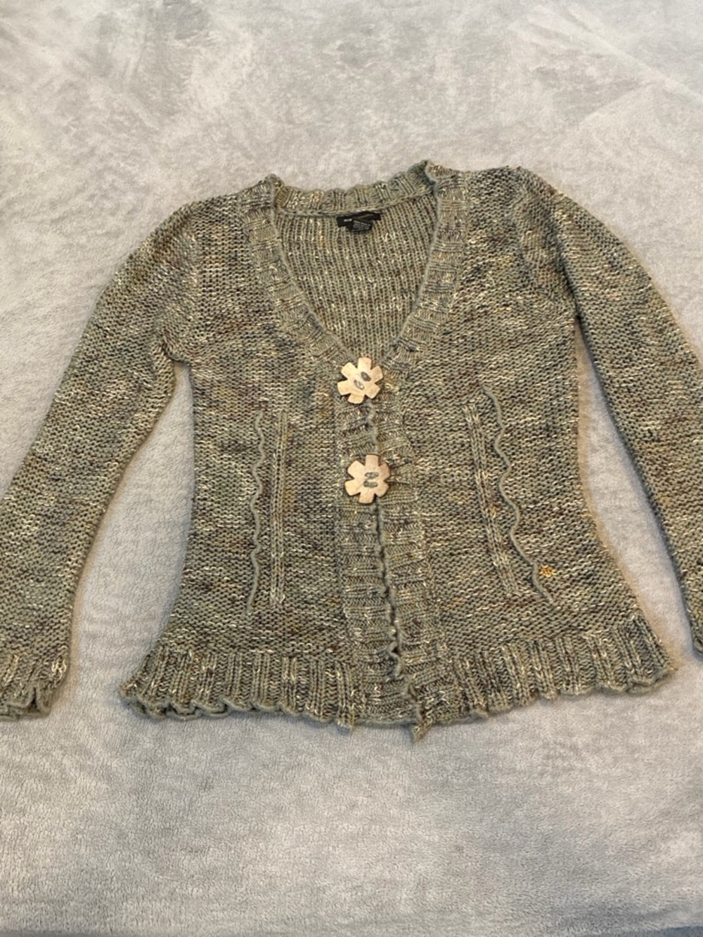 Women's Olive Green Knit Cardigan Sweater with Decorative coconut Flower Buttons